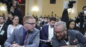 Stephen Ayres (L), who entered the U.S. Capitol illegally on January 6, 2021, confers with Jason Van Tatenhove (R), who served as national spokesman for the Oath Keepers and as a close aide to Oath Keepers founder Stewart Rhodes, prior to their testimony during the seventh hearing by the House Select Committee to Investigate the January 6th Attack on the U.S. Capitol on Tuesday afternoon.