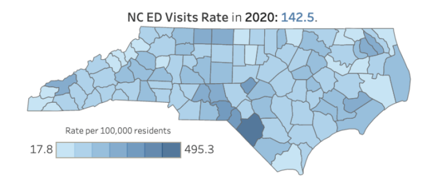 This map shows the rate of drug overdose-related emergency department visits in North Carolina in 2020. Map courtesy of the NCDHHS Opioid and Substance Use Action Plan Data Dashboard.