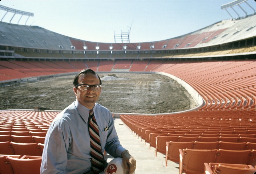 Lamar Hunt, owner of the Kansas City Chiefs, in the new home of the Chiefs, at Arrowhead Stadium in March 1972 during construction.
