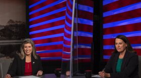 Republican Sen. Joni Ernst (left) and Democratic challenger Theresa Greenfield sitting in Iowa PBS's Johnston studios.