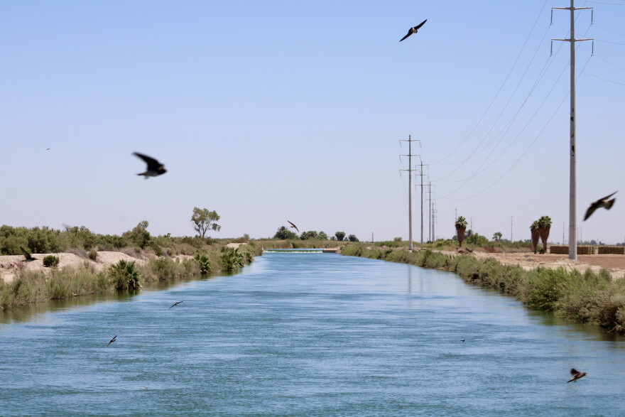 Water from the Colorado River flows through the East Highline Canal on its way to farms in the Imperial Valley on June 20, 2023. The Imperial Irrigation District recently agreed to conserve 100,000 acre-feet of water in 2023.