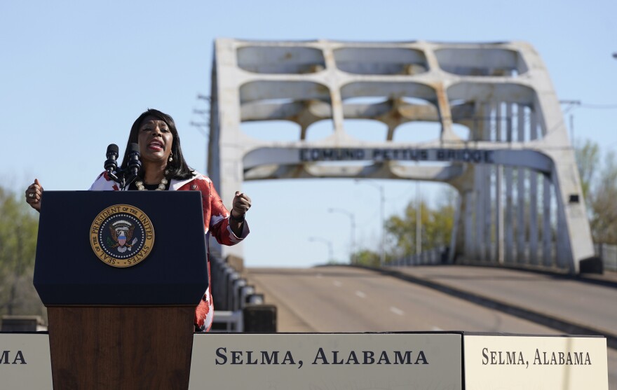 Rep. Terri Sewell speaks near the Edmund Pettus Bridge in Selma, Ala., in March to commemorate the 58th anniversary of "Bloody Sunday," a landmark event of the Civil Rights Movement.