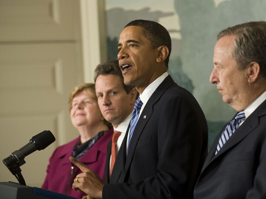 President Obama, speaking at the White House in January, is surrounded by some of his economic advisers at the time including Christina Romer, Timothy Geithner and Lawrence Summers. The president is now considering candidates to direct the National Economic Council when Summers departs later this year.