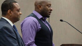 Tony Walker, a new member of the Drexel Foundation for Educational Excellence Inc., and Earl Phalen address the Indiana Charter School Board about Thea Bowman Leadership Academy on Tuesday, March 29, 2016 at the Indiana Government Center South.