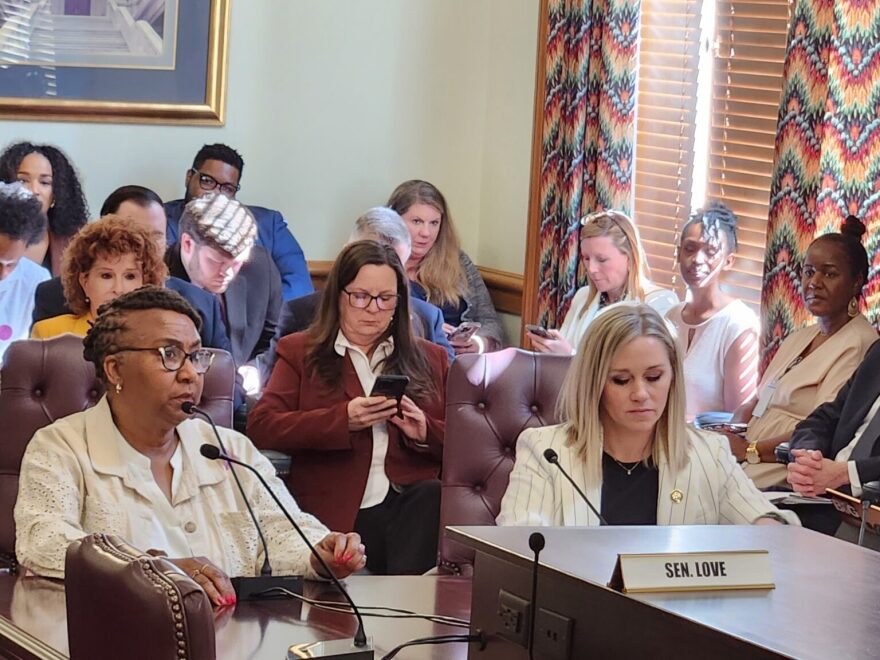 Registered nurse and Arkansas Birthing Project Executive Director Zenobia Harris (left) expresses support for House Bill 1004, co-sponsored by Sen. Breanne Davis (right), R-Russellville, before the Senate Public Health, Welfare and Labor Committee on Wednesday, April 9, 2025.