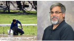 Faran Savitz collecting water sample (left), Dr. John Cigliano, Cedar Crest College (right)