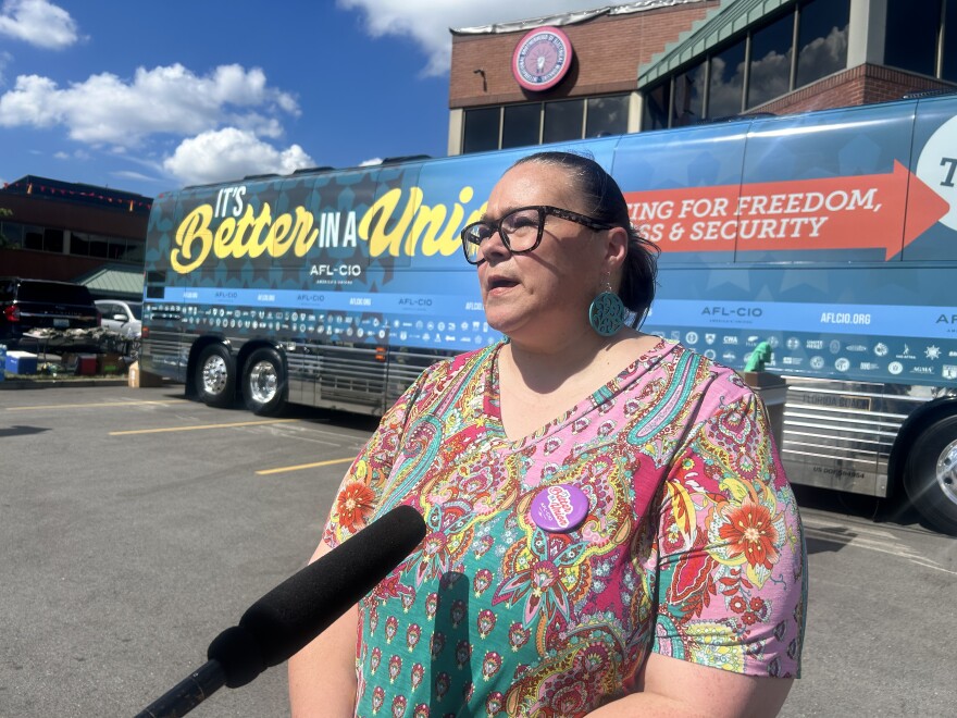 Amanda East is a quality inspector and union organizer at the SK BlueOval battery park in Glendale. She says she wants a new contract to ensure proper safety rules and equipment and negotiate better wages and benefits.