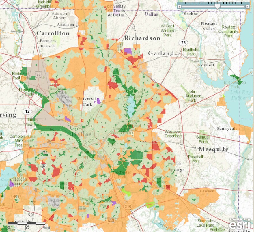 The Trust for Public Land released this map along with Dallas' score. Areas with high need for parks are marked with orange; areas with very high need are shown in red.