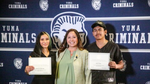 Congresswoman Adelita Grijalva visited Yuma High School Monday to award congressional acknowledgement certificates to seniors Jennavecia Guzman (left) and Jared Nuñez (right). "I'm so glad to be able to just acknowledge these two amazing students because I think far too often, we just hear a lot of negatives about what young people are doing in our communities," Grijalva said.