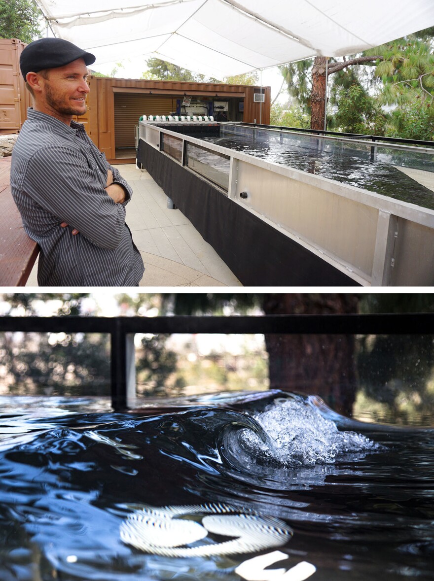 Justin Enjo, an engineer at Wave Loch, "carves water" with a ramp in his experimental wave-making pool near San Diego. So far, the system is able to create tiny, "perfect" surfing waves every 10 seconds.