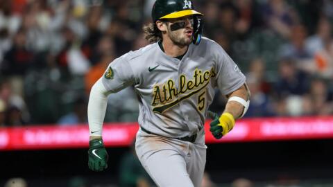 Athletics' Jacob Wilson runs after hitting a single against Baltimore Orioles pitcher Trey Gibson which scored Tyler Soderstrom during the eighth inning of a baseball game, Friday, May 8, 2026, in Baltimore. (Terrance Williams/AP)