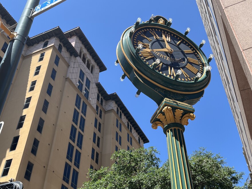 The top of the Hertzberg Clock, which now sits at the corner of N. St Mary's and Houston St. in front of the I.B.C. building in downtown San Antonio.