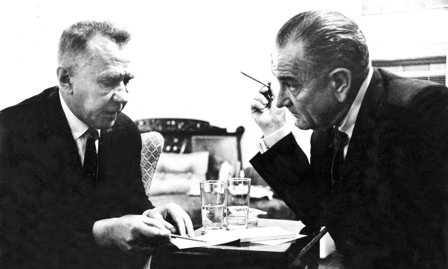 Soviet Premier Alexei Kosygin (left) and President Lyndon Johnson meet with each other at Glassboro State College in Glassboro, N.J., on June 23, 1967.