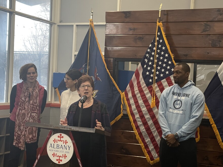 Mayor Sheehan speaking with officials at the Swinburne Skating Rink