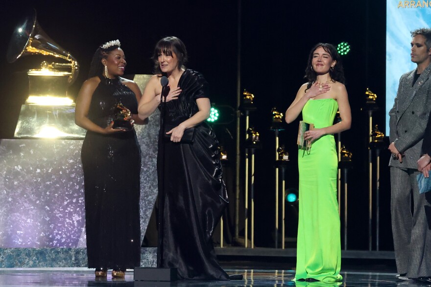 Johnaye Kendrick, Sara Gazarek and Erin Bentlage of säje accept Best Arrangement, Instruments And Vocals award for "Alma" onstage at the 67th GRAMMY Awards Premiere Ceremony on Feb. 2, 2025.