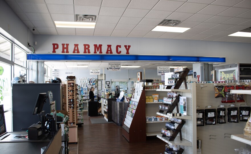 The entrance to Pill Box Pharmacy, owned by Miller's brother, sits inside Jayce's Grocery Store. Miller says the decision to open the grocery store in her brother's building was both convenient and a way to get more customers in the door.