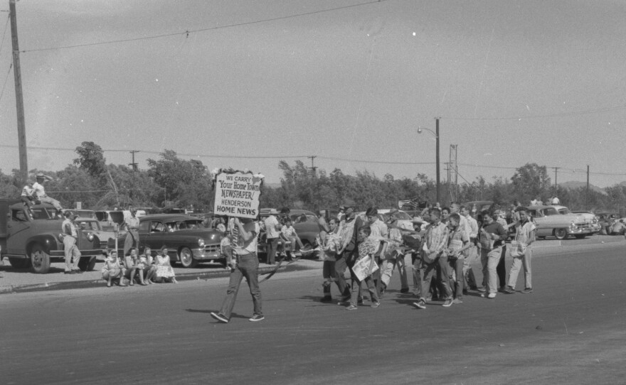 Henderson Home News paperboys in 1955 Industrial Day Parade. Henderson, Nevada