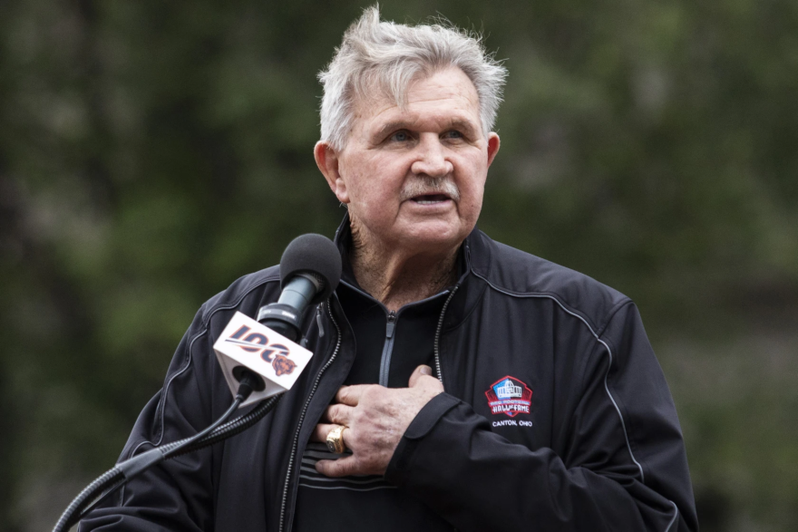 Former Chicago Bears coach Mike Ditka speaks during a ceremony for the unveiling of statues of Hall of Famers Walter Payton and George Halas outside of Gate 0 at Soldier Field, Tuesday morning, Sept. 3, 2019.
