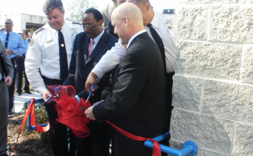 New Orleans Mayor Mitch Landrieu, right, joins Police Superintendent Ronal Serpas, left, and City Council member Jon Johnson, at opening of new 7th District police station in New Orleans East. Landrieu announced the start of citizen advisory boards.