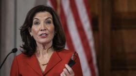 Gov. Kathy Hochul updates the media about rising COVID-19 rates on Dec. 16, 2021.