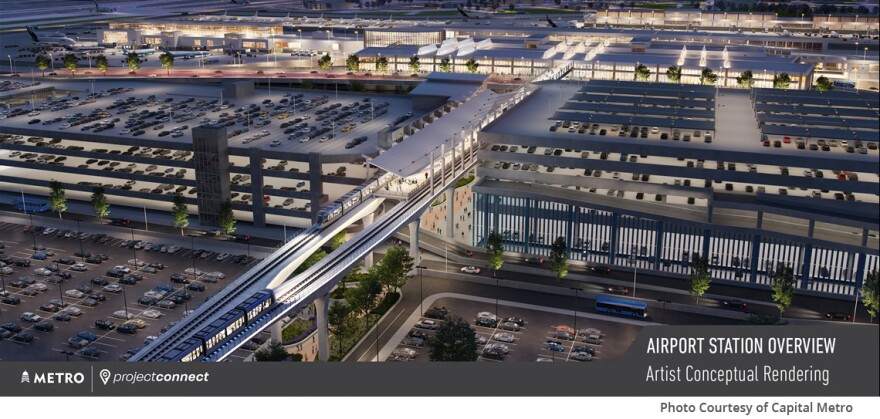 An aerial illustration showing a light-rail line constructed at Austin-Bergstrom International Airport's Barbara Jordan Terminal.