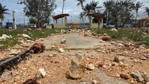 Large rocks line the path at Paseo in Hagatna following the passage of Super Typhoon Bavi on July 7, 2026.