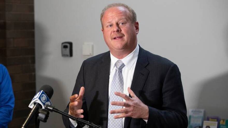 St. Clair County Board Chairman Mark Kern answers questions during a March 2020 press conference about COVID-19.