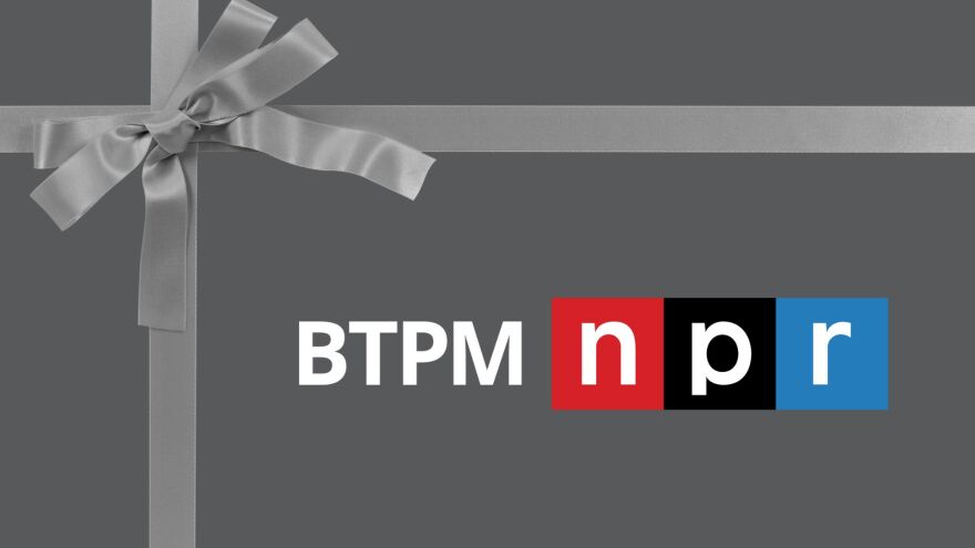 Dark grey background with a silver bow, tied at the top left corner. In the bottom right is the BTPM NPR logo.