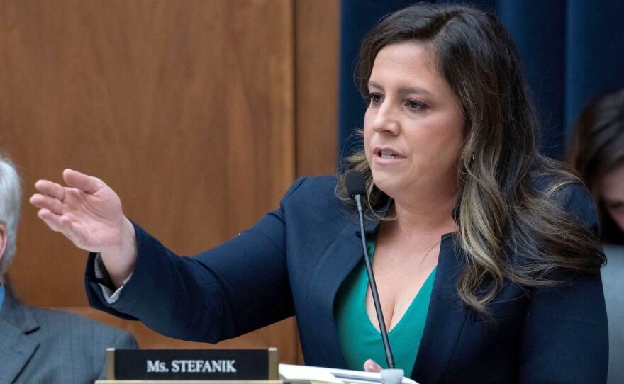  Republican Conference Chair Rep. Elise Stefanik, R-N.Y., questions Columbia President Nemat Shafik during the House Committee on Education and the Workforce hearing on "Columbia in Crisis: Columbia University's Response to Antisemitism" on Capitol Hill in Washington, Wednesday, April 17, 2024. (AP Photo/Jose Luis Magana)<br/>