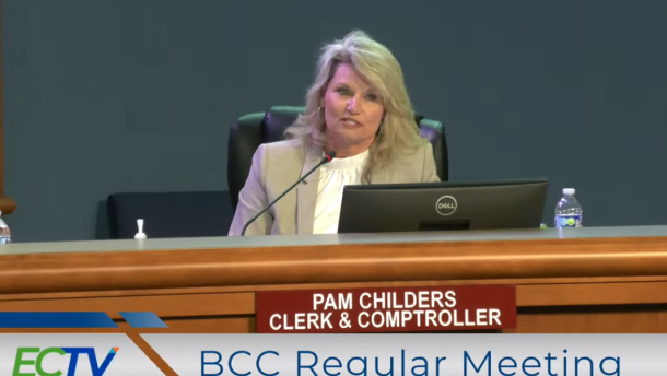 Escambia County Clerk and Comptroller Pam Childers explains why she declined to approve a $1,000 payment to Booker T. Washington High School's state champion girls basketball team during a County Commission meeting, citing concerns about the use of general fund dollars.