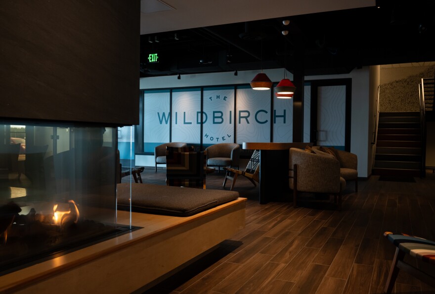A lobby of a hotel.