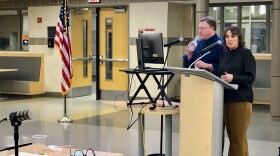 C-PP superintendent Michelle Caulfield and School Business Official, Paul Webster deliver the initial 2026-2027 budget proposal to school board members in March in the high school cafeteria.