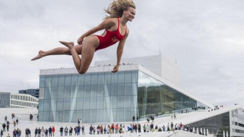 Asbjørg Nesje from Norway is a participant and trains in front of the Opera House in Oslo, Norway, on August 25, 2023, one day before the 2023 World Championship in Døds Diving (Death Diving).  (Javad Parsa/AFP via Getty Images)