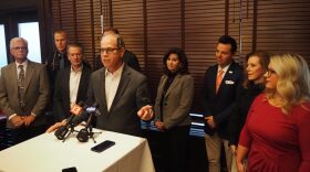 Gov. Mike Braun, then the governor-elect, assembles the majority of his cabinet in December 2024 at the Indiana Statehouse.