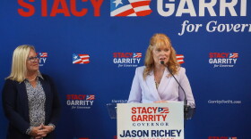 Stacy Garrity (right, at podium) spoke Aug. 27, 2026 at Family Pizza & Pub, a small restaurant in Altoona. Several other Republican state lawmakers spoke at the event as well, including Sen. Judy Ward, standing to the left. 