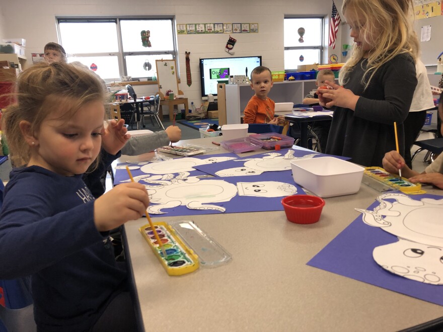 Four-year-old kindergarten students paint pictures of octopuses. Eagle Elementary's 4K enrollment was high enough this year to add a third classroom. All other grade levels have two classrooms.