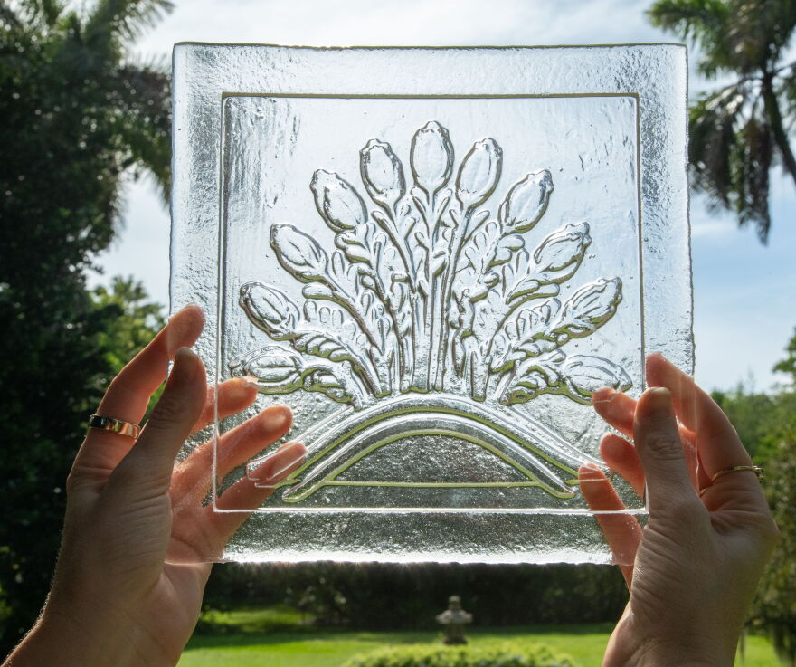 Example of kiln-carved glass tile that ceramic sculptor Lauren Shapiro will incorporate into 'What Is Gathered Remains' installation at Naples Botanical Garden.