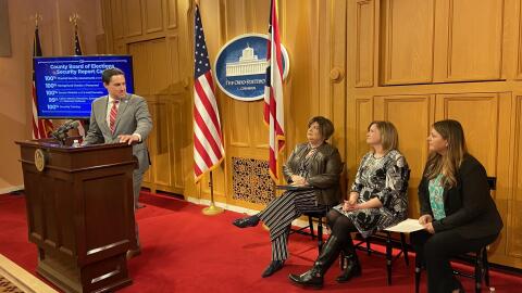 Secretary of State Frank LaRose and board of elections officials at his press event on February 5, 2020.