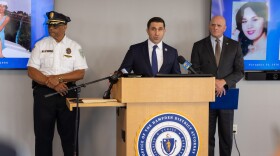 Springfield Police Superintendent, Lawrence Akers [left], Massachusetts State Police Colonel Geoffrey Noble [right] and Hampden District Attorney Anthony Gulluni [center], speaking to the press about 24-year-old Springfield resident and a mom, Celestina Perez, and her solved murder.