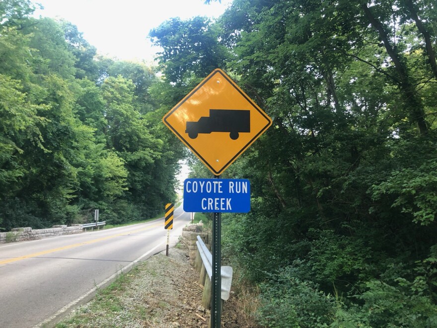 Sign on Fairfield Pike in Enon where Coyote Run crosses under the road