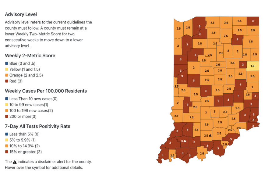 Thirty-nine Indiana counties received better metric scores this week than last. (screenshot from IDOH)