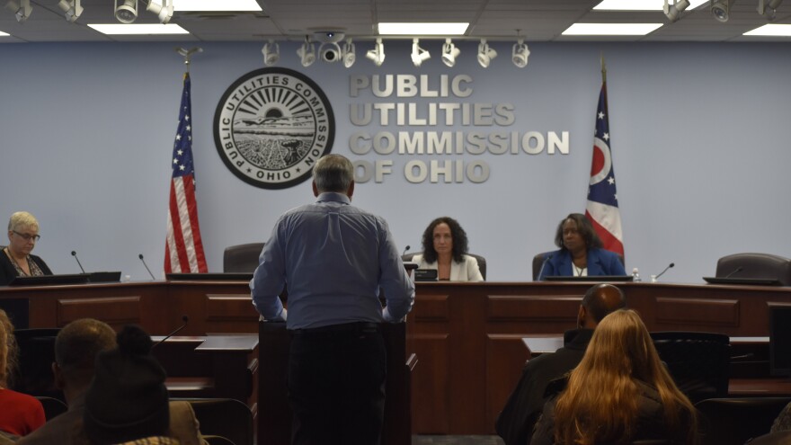 A man speaks before the Public Utilities Commission of Ohio, opposing a rate hike proposed by American Electric Power of Ohio on December 9, 2025.