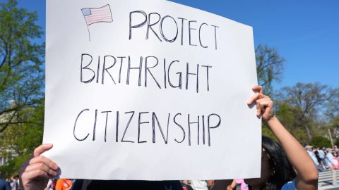 Supporters of birthright citizenship rally outside the Supreme Court as the justices hear oral arguments on whether President Donald Trump can deny citizenship to children born to parents who are in the United States illegally or temporarily, on Capitol Hill, in Washington, Wednesday, April 1, 2026.