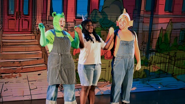 Surrey Houlker and Aaron Magloire, bow alongside playwright Anisa Turay at the end of "I Really, Really, Wanna Stay at Your House," in New Haven on 6/20/26. Turay is one of 12 New Haven students who participated in the Dwight/Edgewood Project, which partners students with students at the David Geffen School of Drama at Yale.