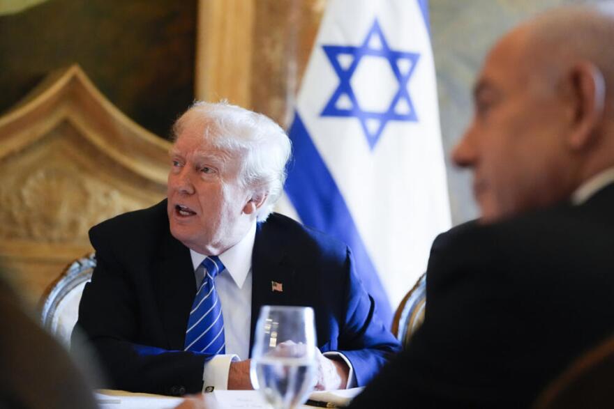 Then-Republican presidential candidate former President Donald Trump meets with Israeli Prime Minister Benjamin Netanyahu at his Mar-a-Lago estate, Friday, July 26, 2024, in Palm Beach, Fla. (Alex Brandon/AP)
