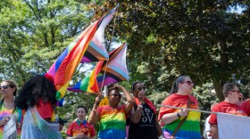 Excellus BlueCross BlueShield parade participants walk down the street with pride flags during the Pride parade and festival in Rochester on Saturday, July 19, 2025.