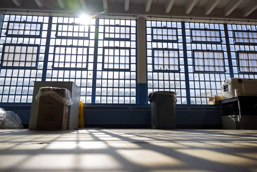 Windows in a main hallway awaiting replacement. The Department of Correction is in the process of replacing external windows throughout Osborn Correctional Institution in Somers. Work was ongoing when photographed on Oct. 17, 2024.