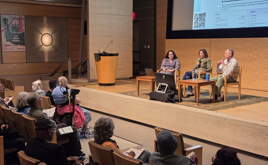 From right, KALW's Executive Producer Ben Trefny, CalMatters Politics Editor Juliet Williams at center stage, and San Francisco Public Press author Lila LaHood in conversation at the San Francisco Main Public Library’s Koret Auditorium.