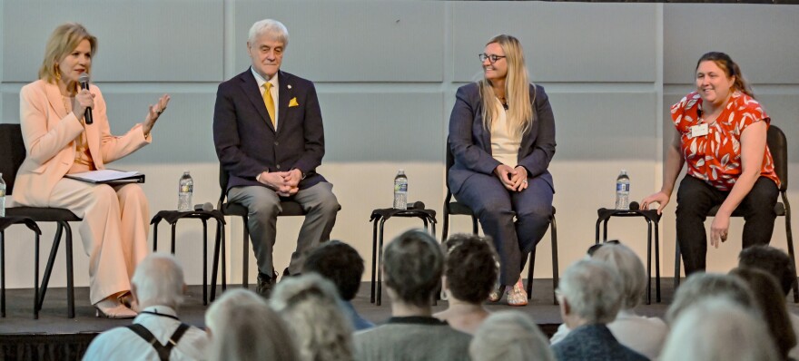Panelists, left to right, Renée Fleming, opera singer; Paul Aravich, a behavioral neuroscientist and professor at Eastern Virginia Medical School; Mary Roberts, art therapist; and Tracy Bowdish, a music therapist at Sentara Neurology Specialists, discussing the healing properties of music and creative arts, such as painting.
