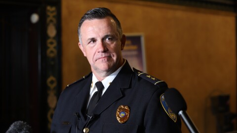 Akron's new Police Chief, Brian Harding meets with the media after his swearing-in ceremony on Tuesday at the Akron Civic.